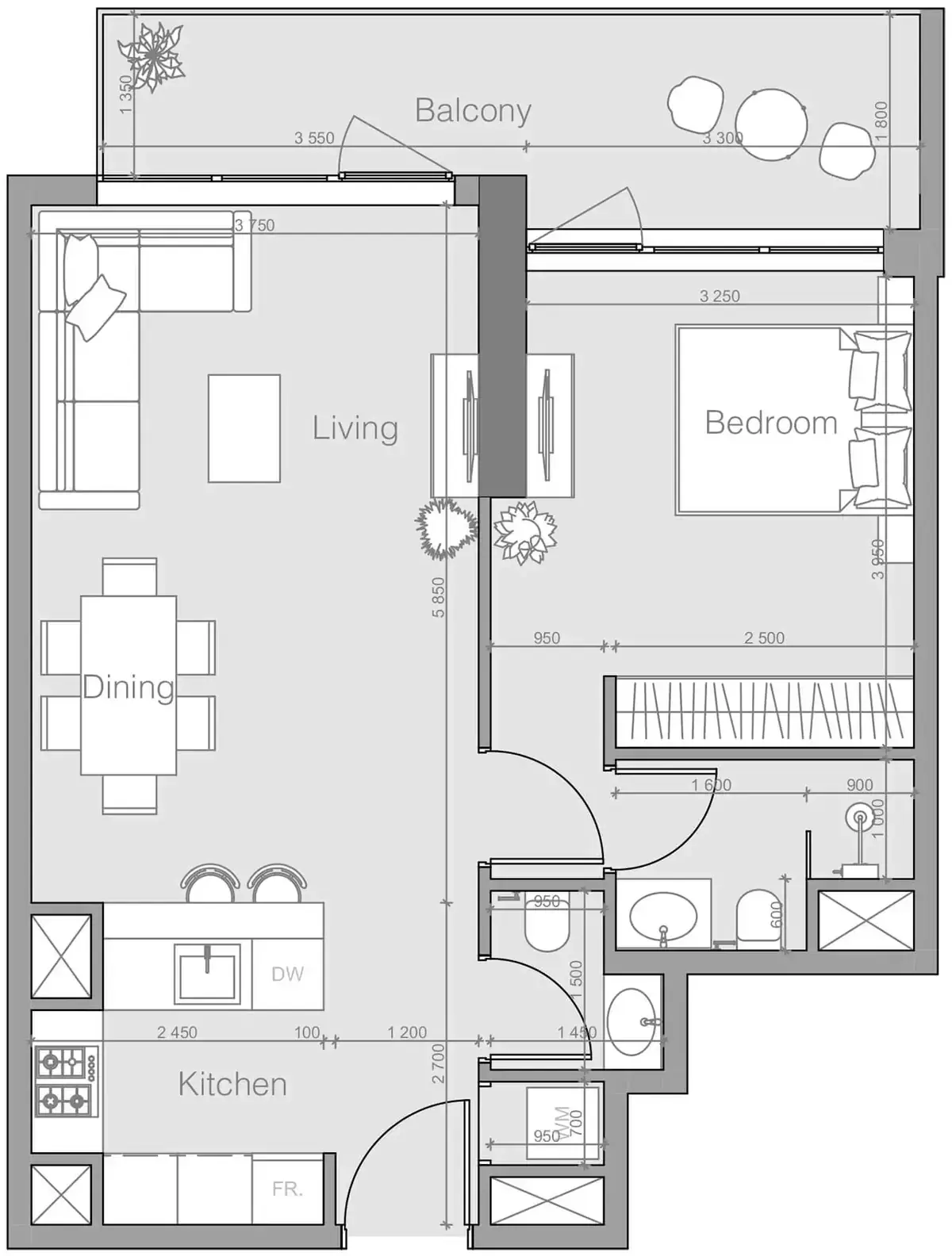 Планировка — 1-спальная, 70 м²