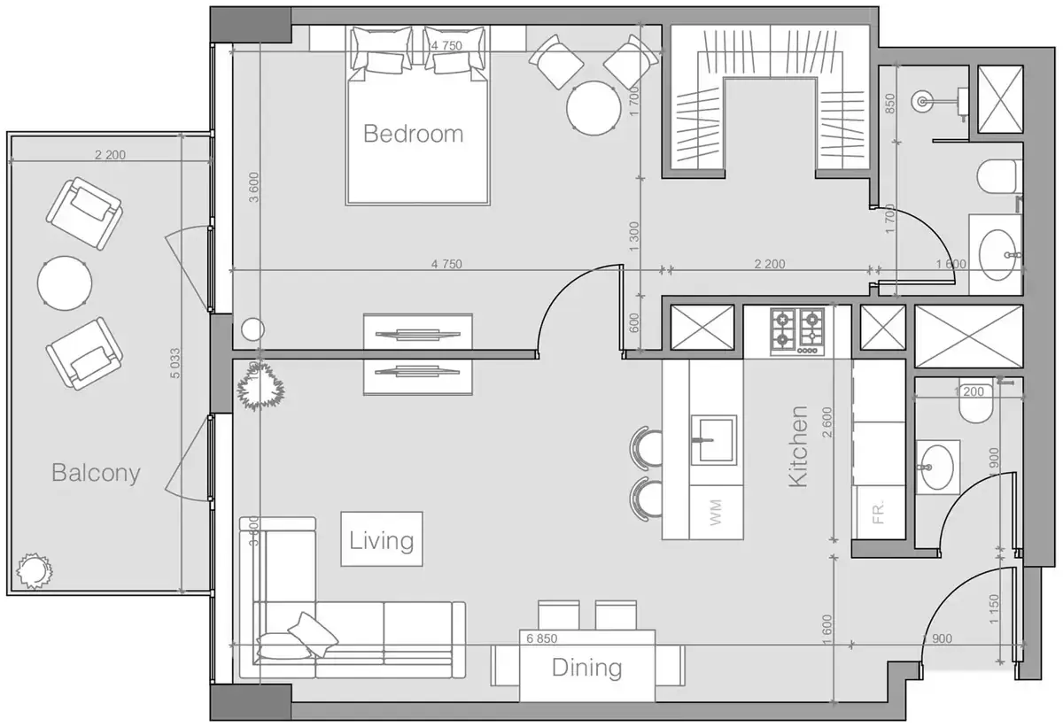 Планировка — 1-спальная, 77 м²