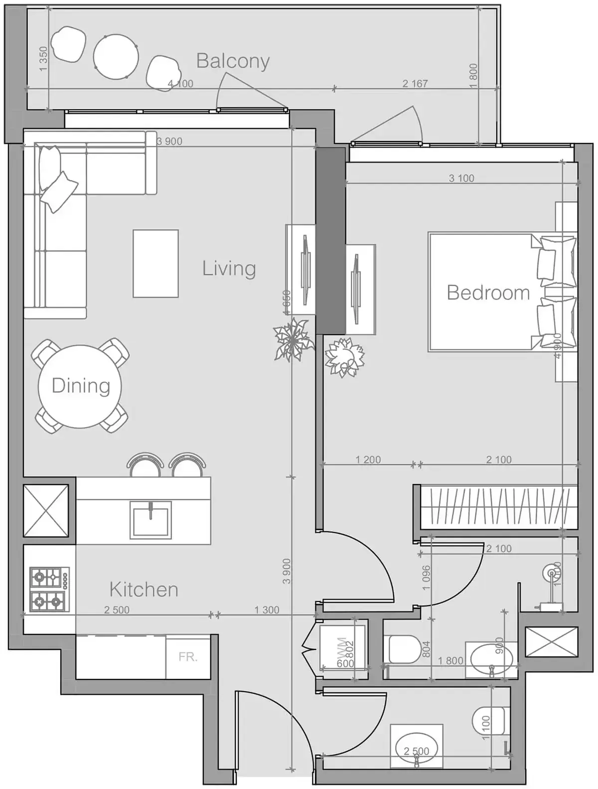Планировка — 1-спальная, 70 м²