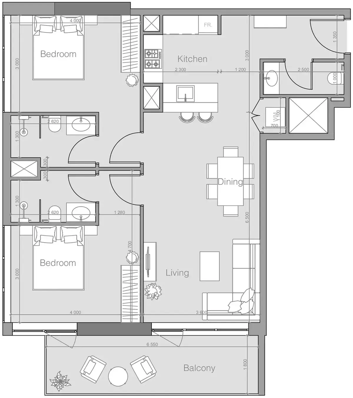 Планировка — 2-спальная, 98 м²