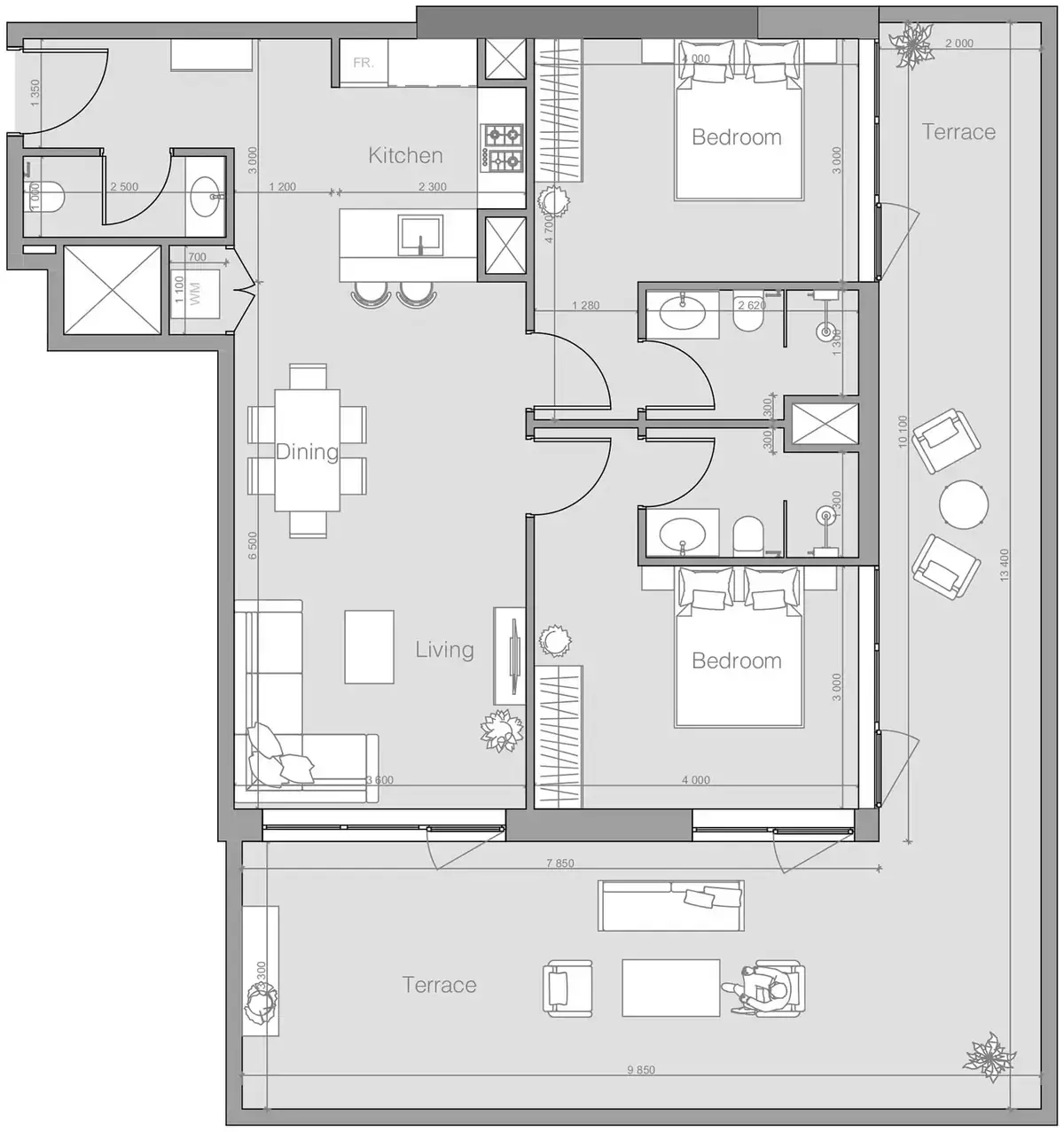Планировка — 2-спальная, 143 м²