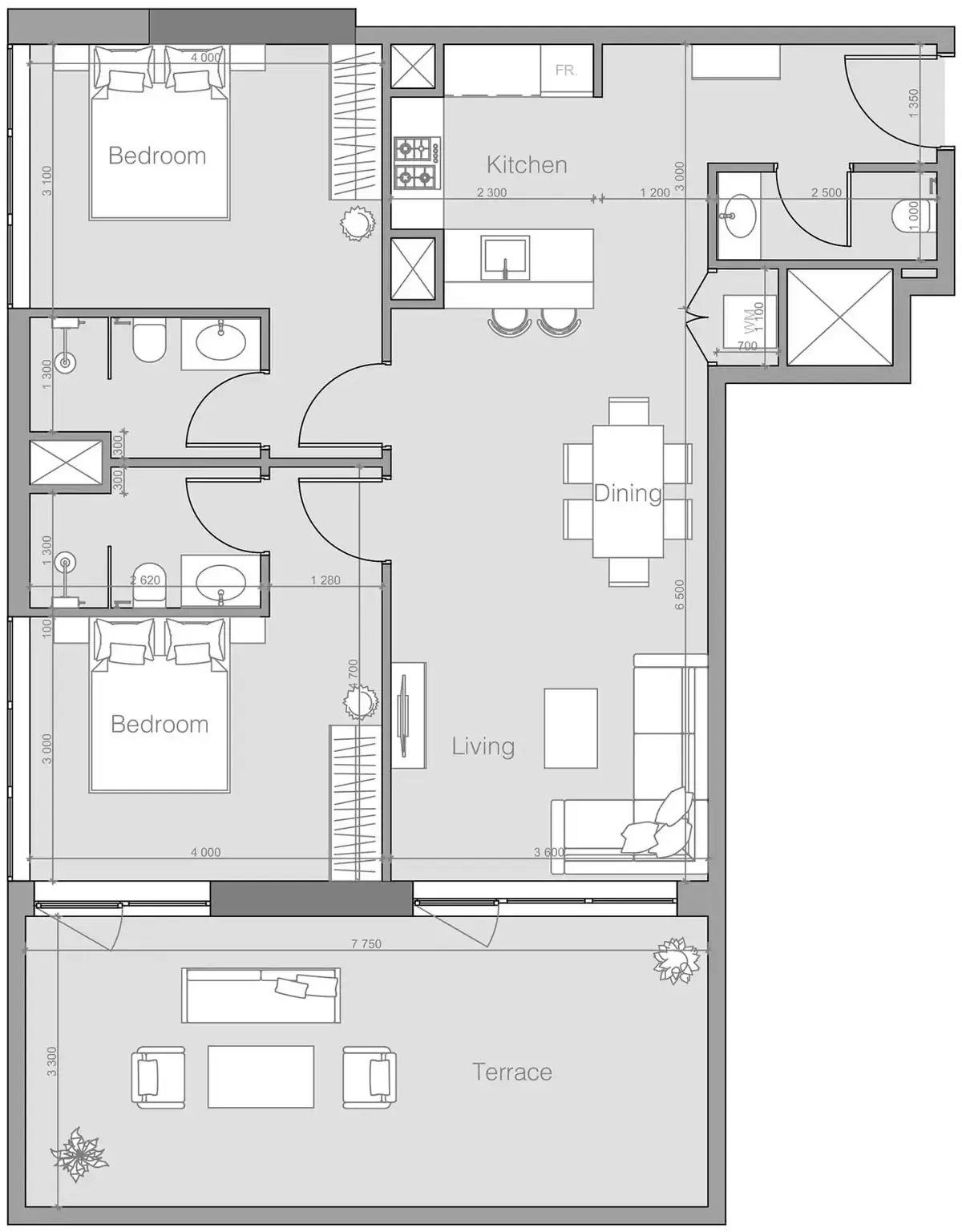 Планировка — 2-спальная, 113 м²