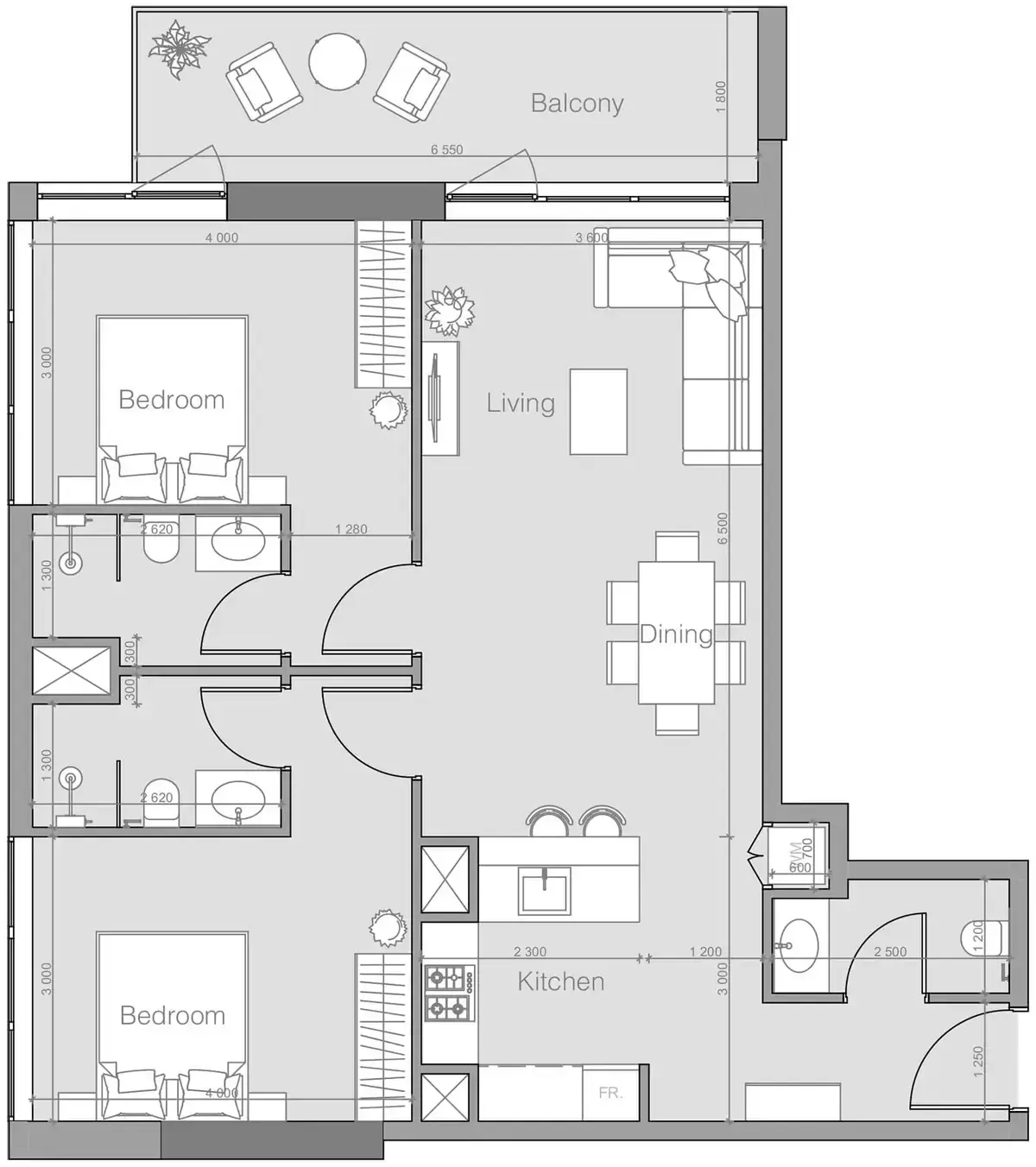 Планировка — 2-спальная, 98 м²