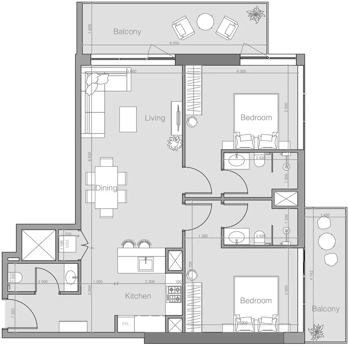 Планировка — 2-спальная, 106 м²