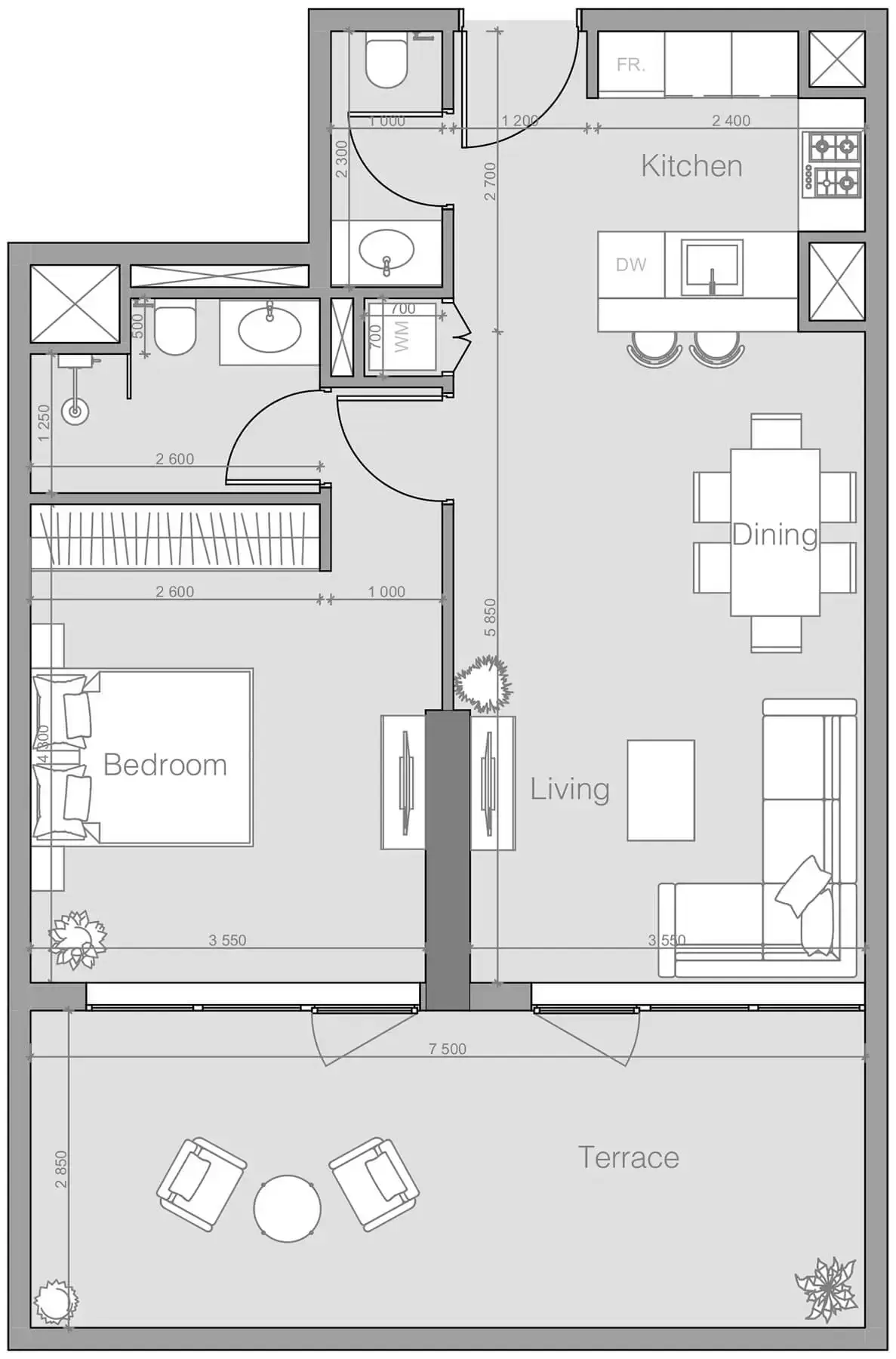 Планировка — 1-спальная, 83 м²