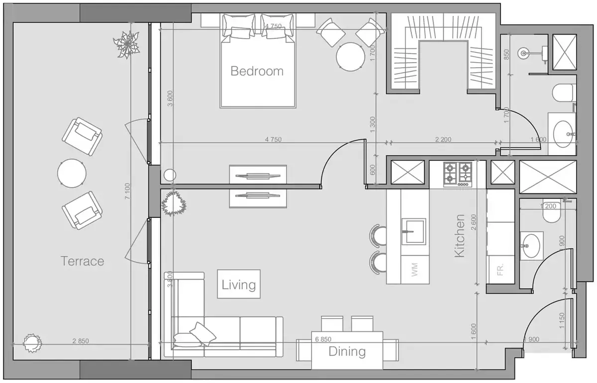 Планировка — 1-спальная, 88 м²