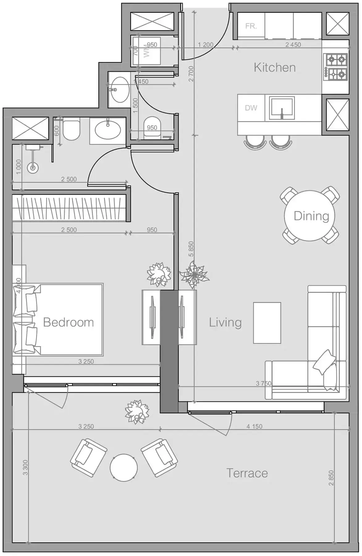 Планировка — 1-спальная, 82 м²