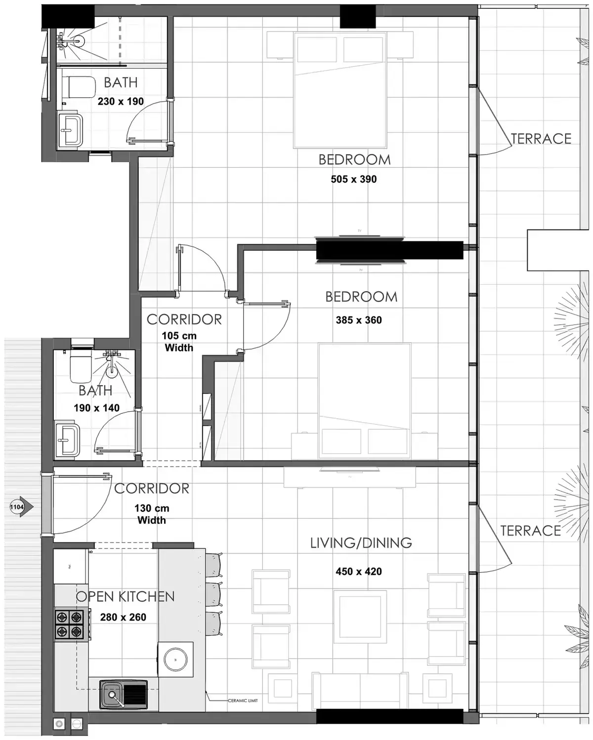 Планировка — 2-спальная, 118 м²