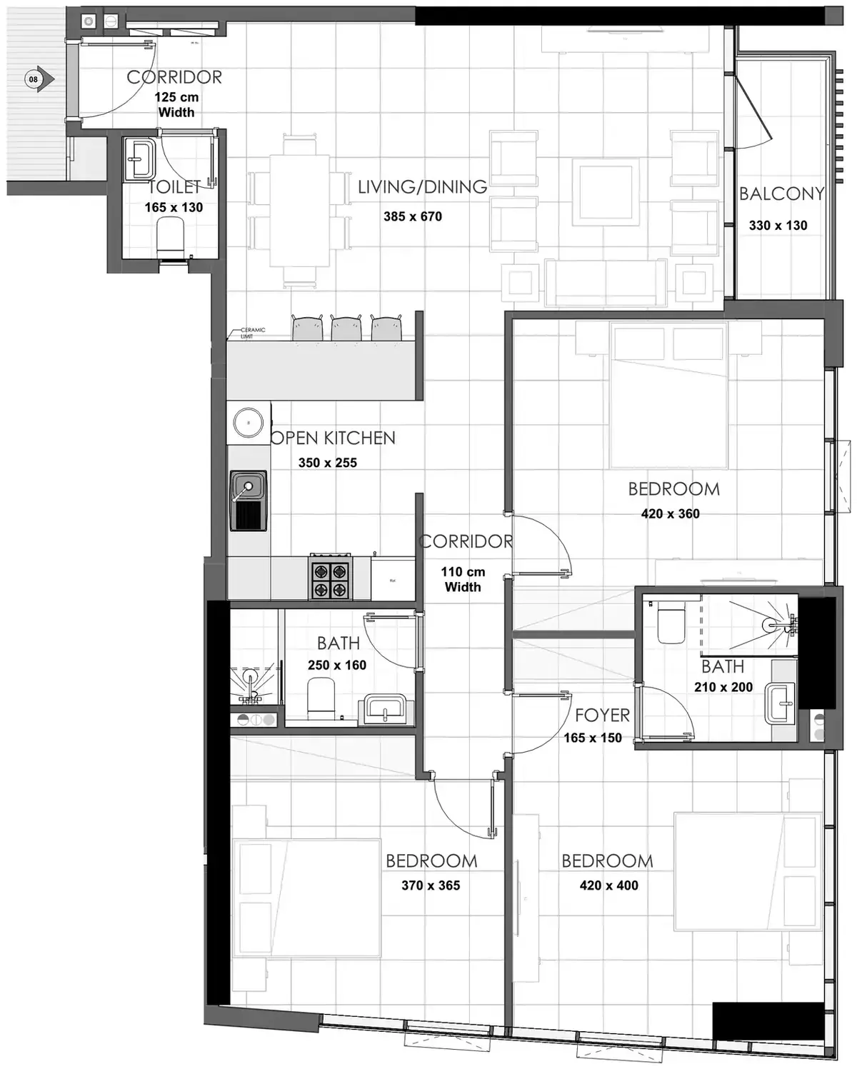Планировка — 3-спальная, 118 м²