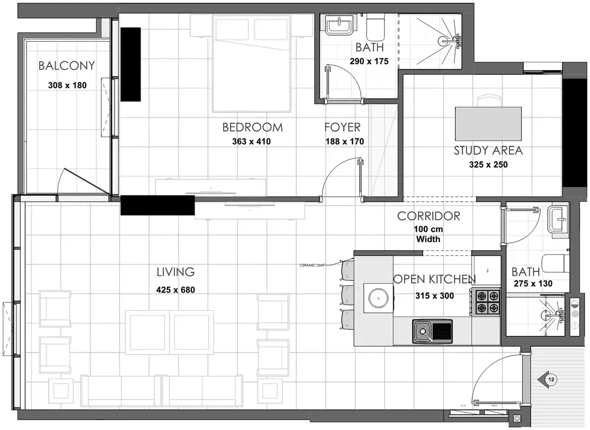 Планировка — 1-спальная, 88 м²