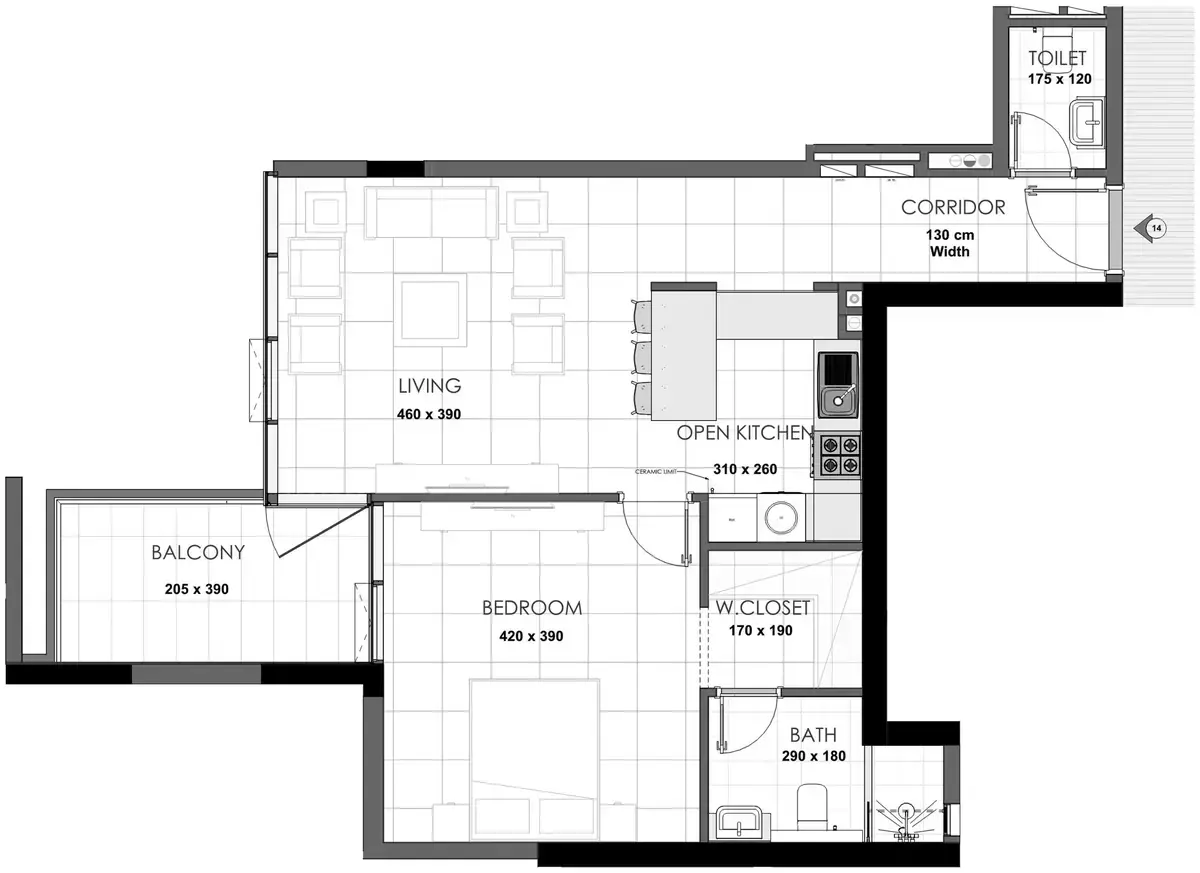 Планировка — 1-спальная, 74 м²