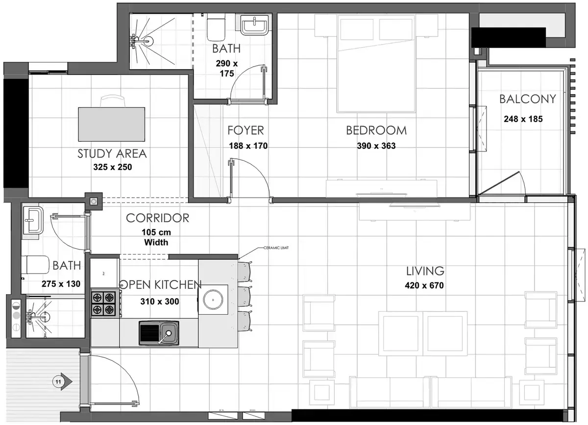 Планировка — 1-спальная, 85 м²