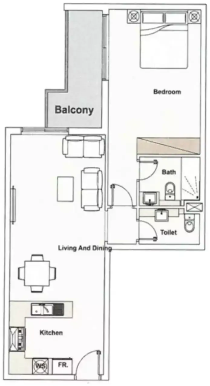 Планировка — 1-спальная, 58 м²