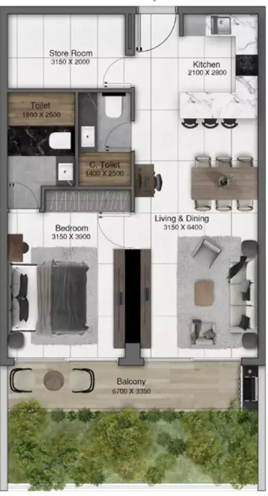 Планировка — 1-спальная, 90 м²