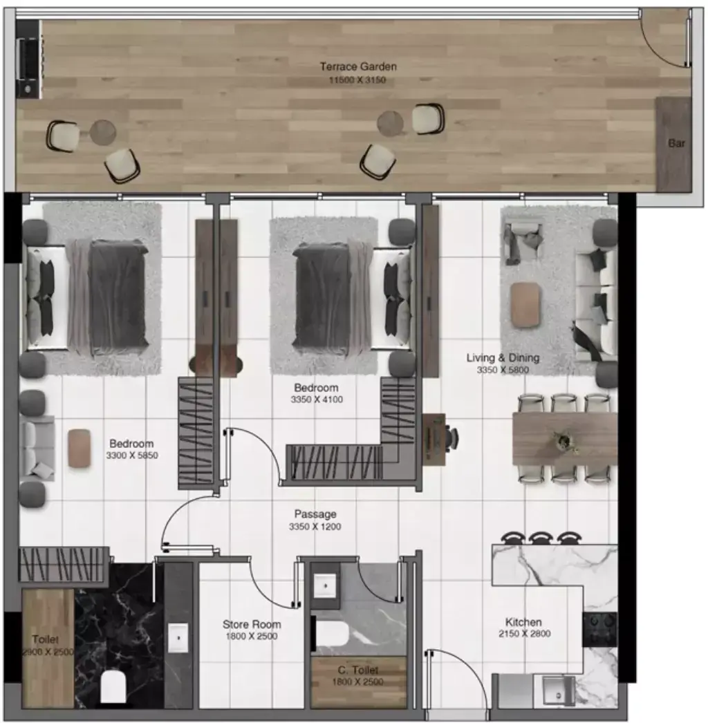 Планировка — 2-спальная, 129 м²