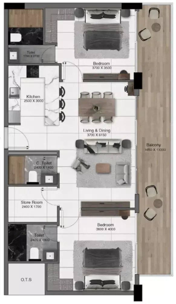 Планировка — 2-спальная, 108 м²