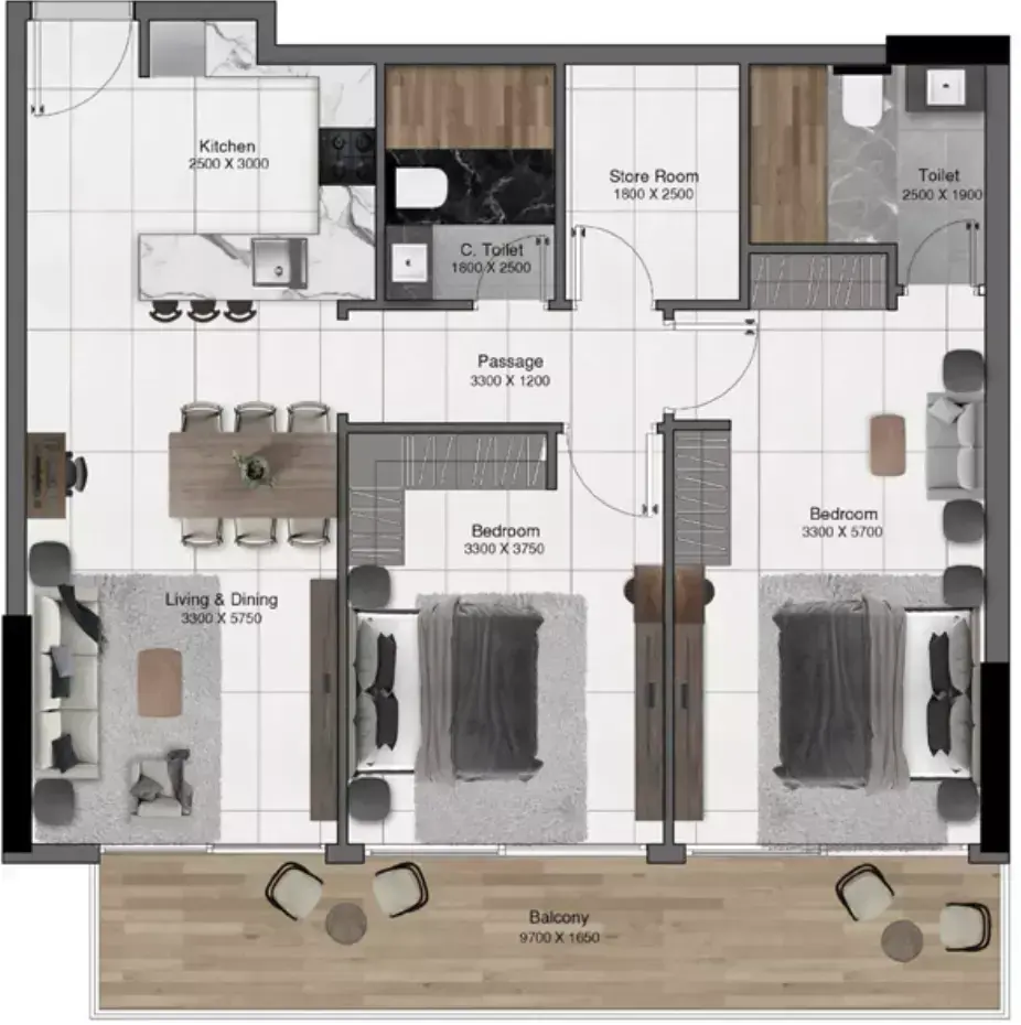 Планировка — 2-спальная, 105 м²