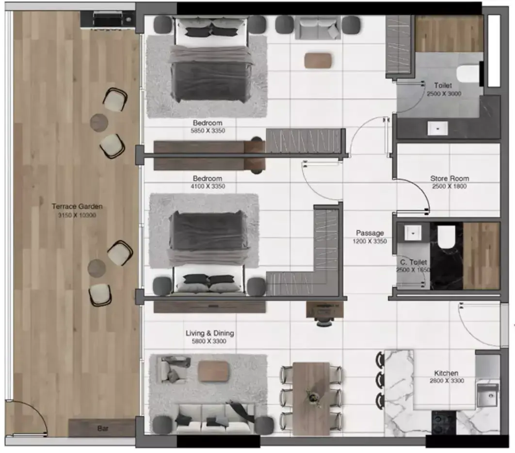 Планировка — 2-спальная, 124 м²