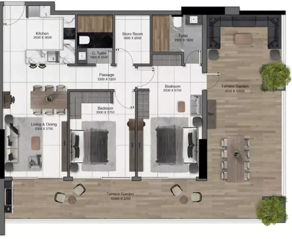Планировка — 2-спальная, 155 м²