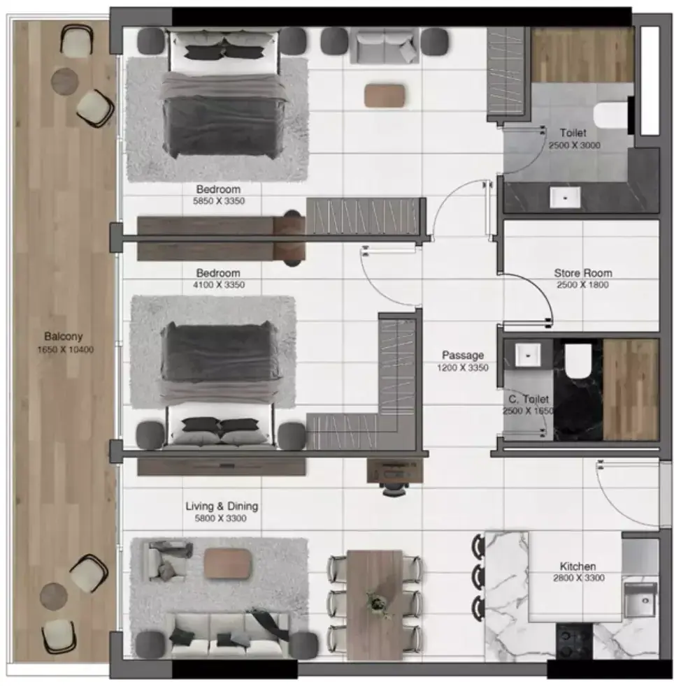 Планировка — 2-спальная, 108 м²