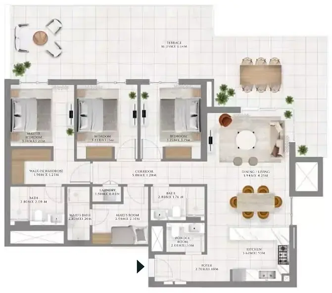 Планировка — 3-спальная, 198 м²