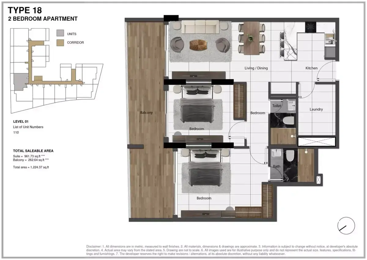 Планировка — 2-спальная, 114 м²