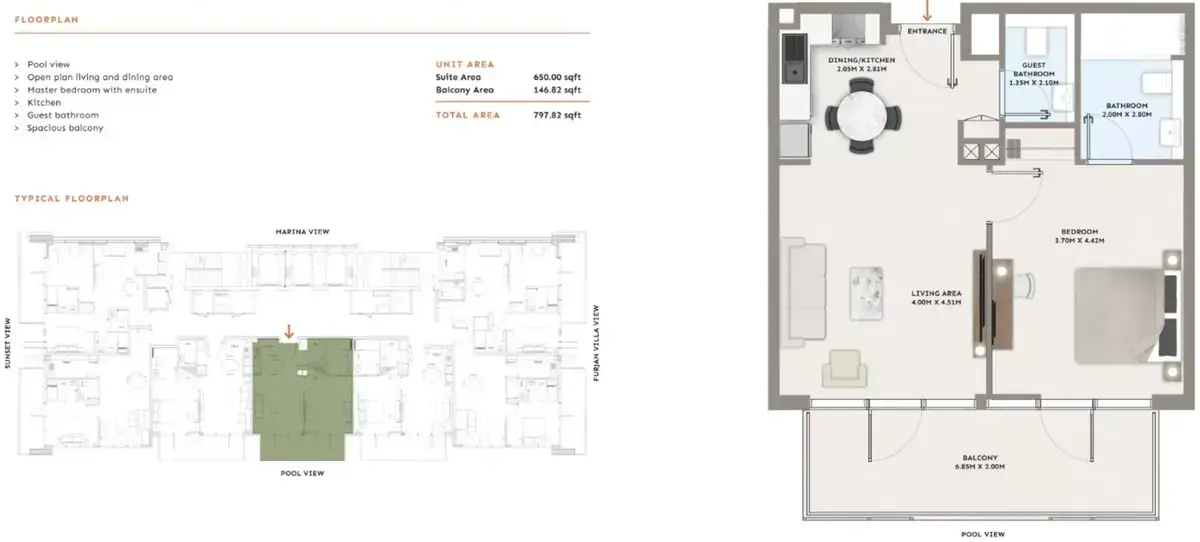 Планировка — 1-спальная, 74 м²