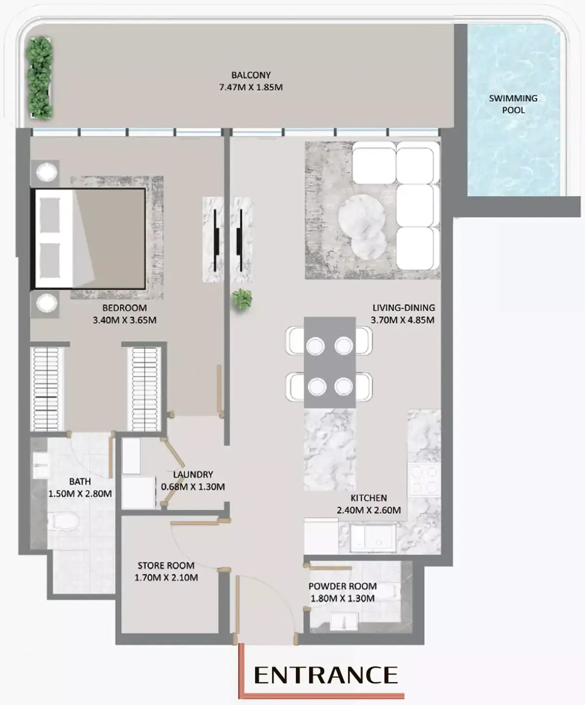 Планировка — 1-спальная, 81 м²
