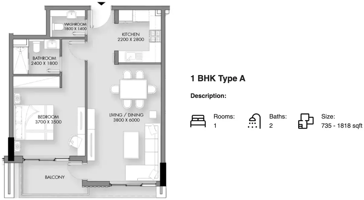 Планировка — 1-спальная, 68 м²
