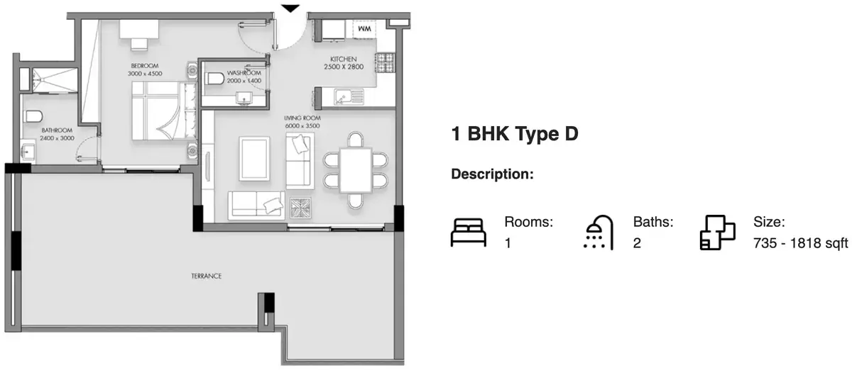 Планировка — 1-спальная, 68 м²