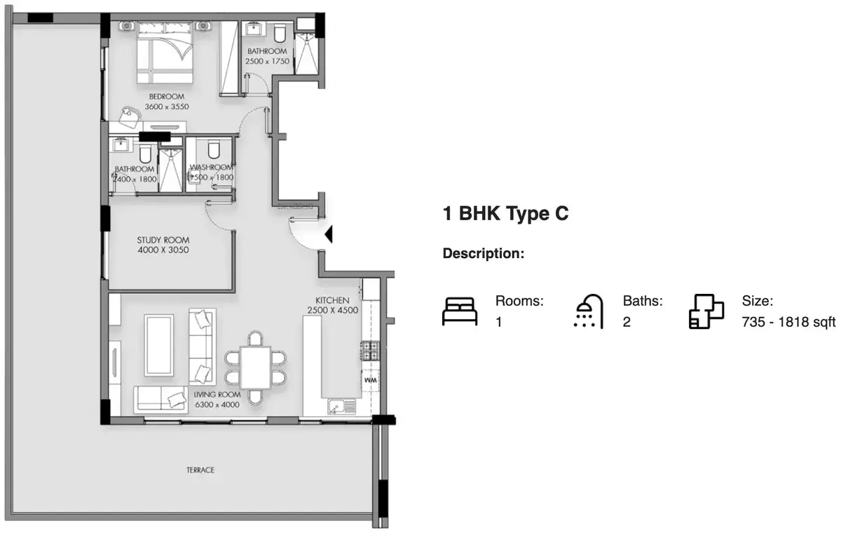 Планировка — 1-спальная, 68 м²