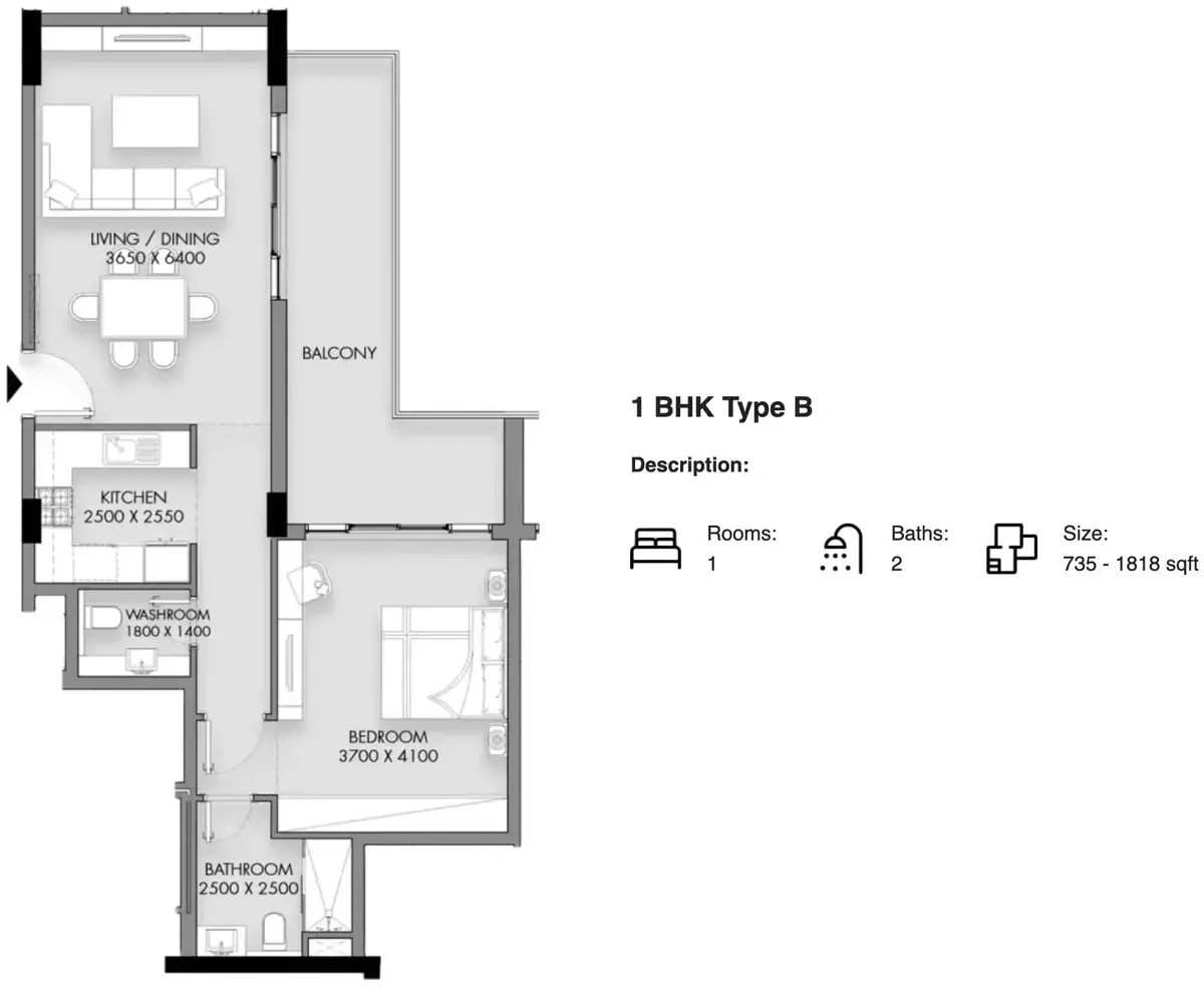 Планировка — 1-спальная, 68 м²