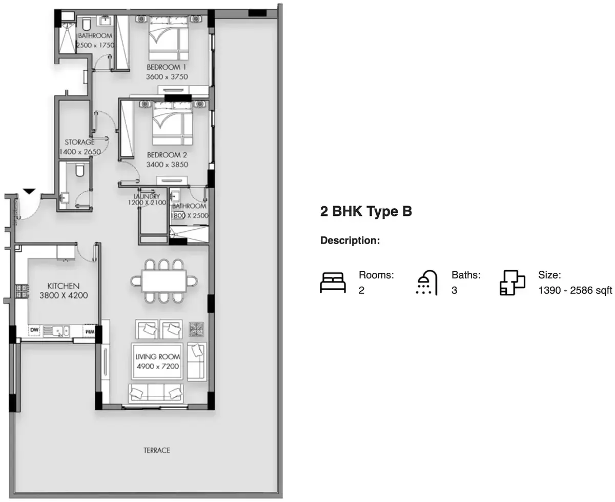 Планировка — 2-спальная, 129 м²