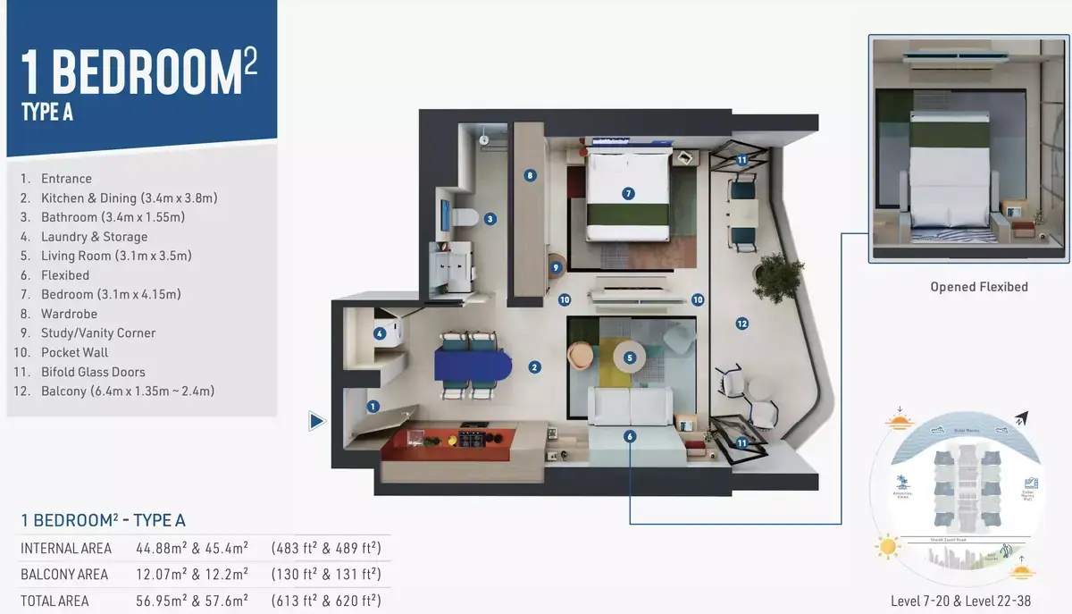 Планировка — 1-спальная, 57 м²
