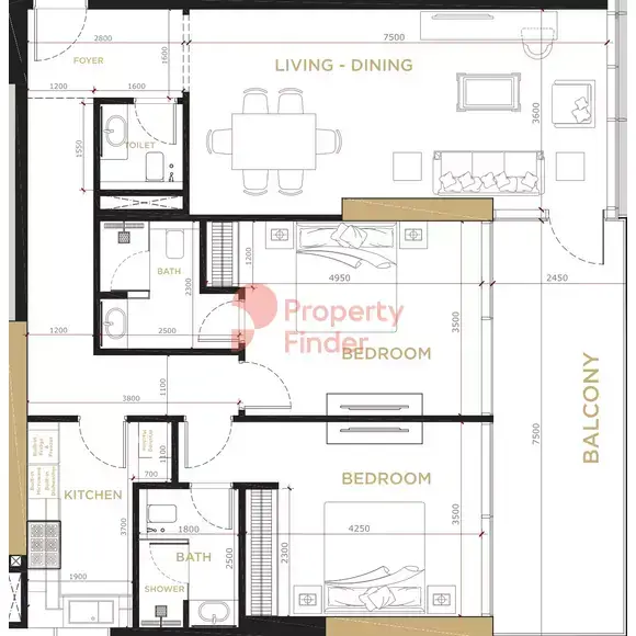 Планировка — 2-спальная, 121 м²