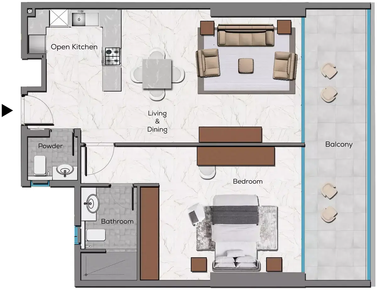 Планировка — 1-спальная, 91 м²