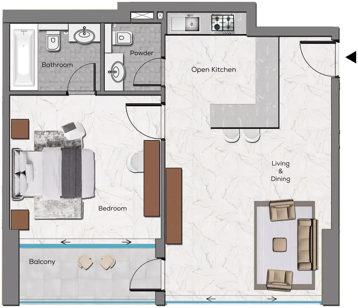 Планировка — 1-спальная, 65 м²