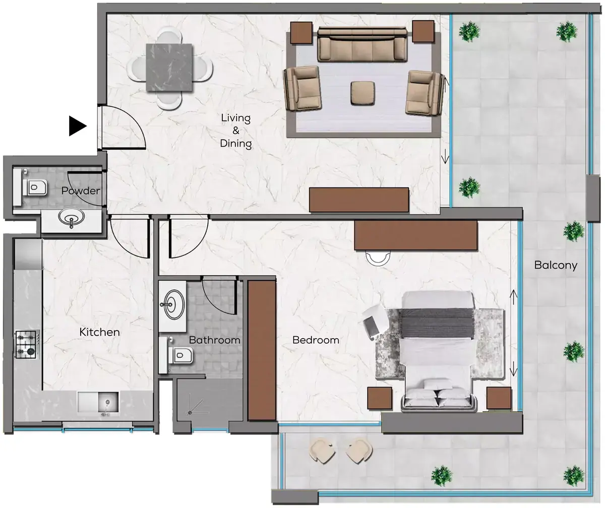 Планировка — 1-спальная, 114 м²