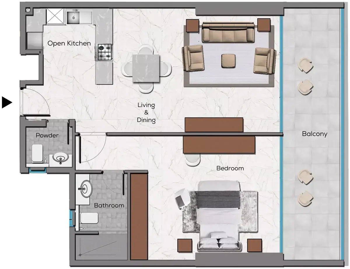 Планировка — 1-спальная, 91 м²