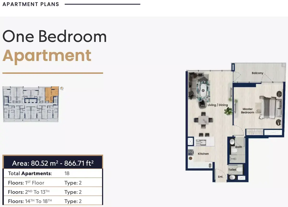 Планировка — 1-спальная, 80 м²