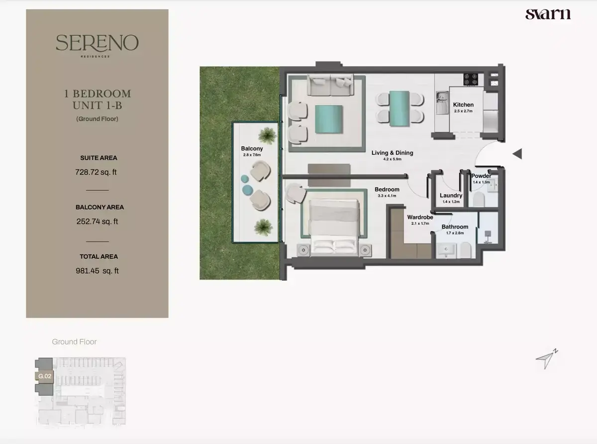 Планировка — 1-спальная, 91 м²