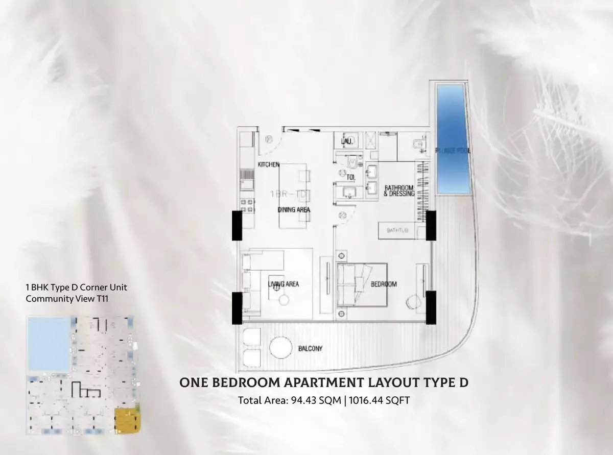 Планировка — 1-спальная, 94 м²