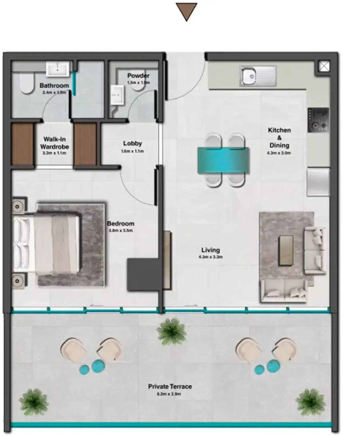 Планировка — 1-спальная, 80 м²
