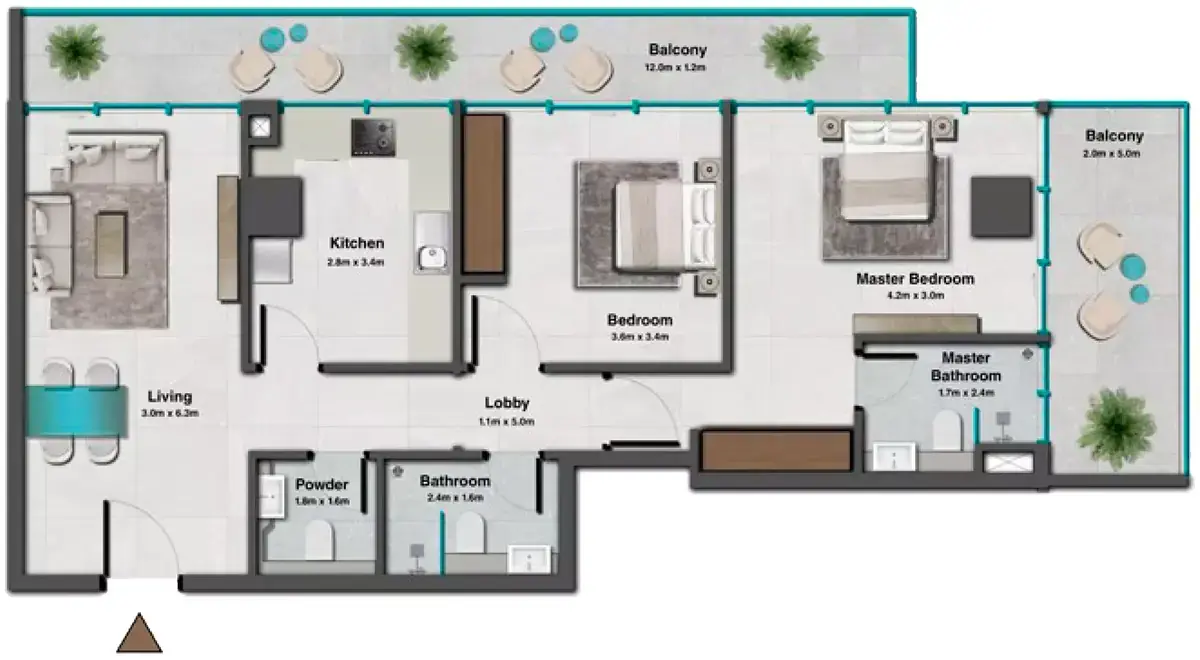 Планировка — 2-спальная, 107 м²