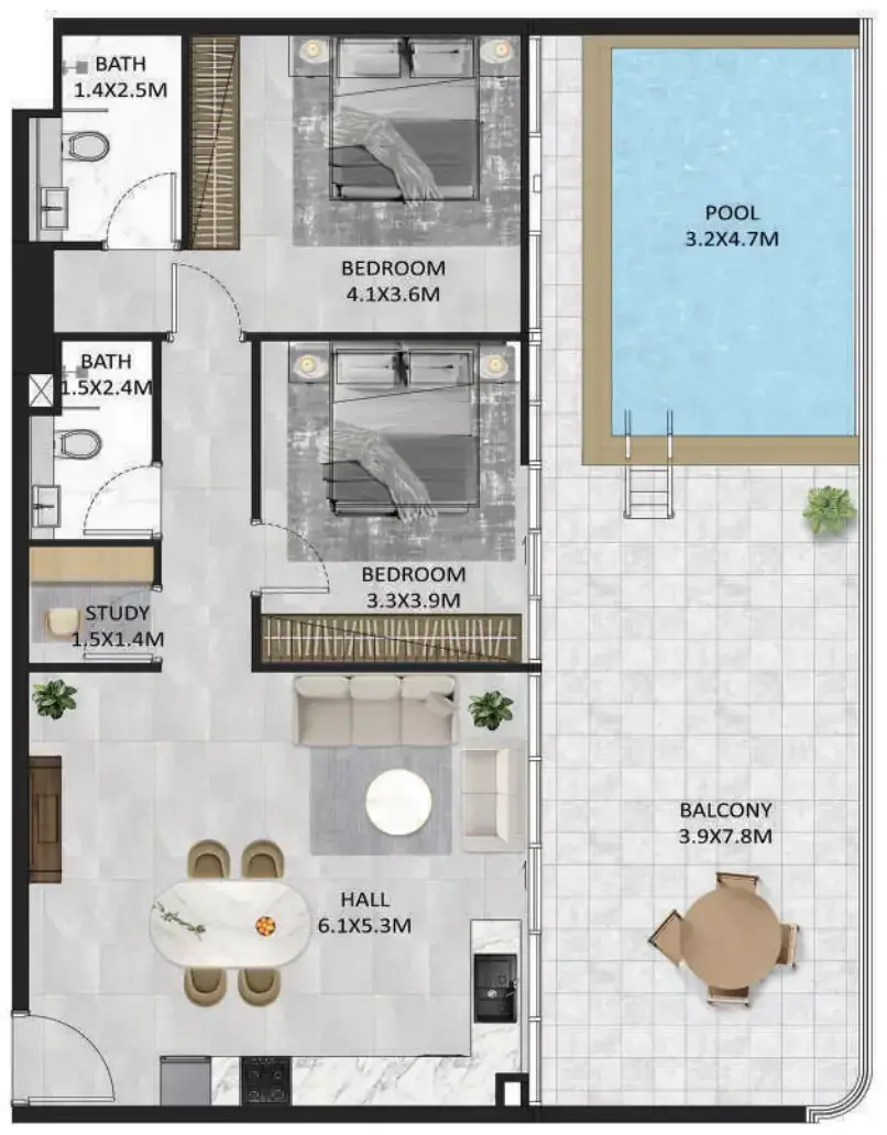 Планировка — 2-спальная, 133 м²