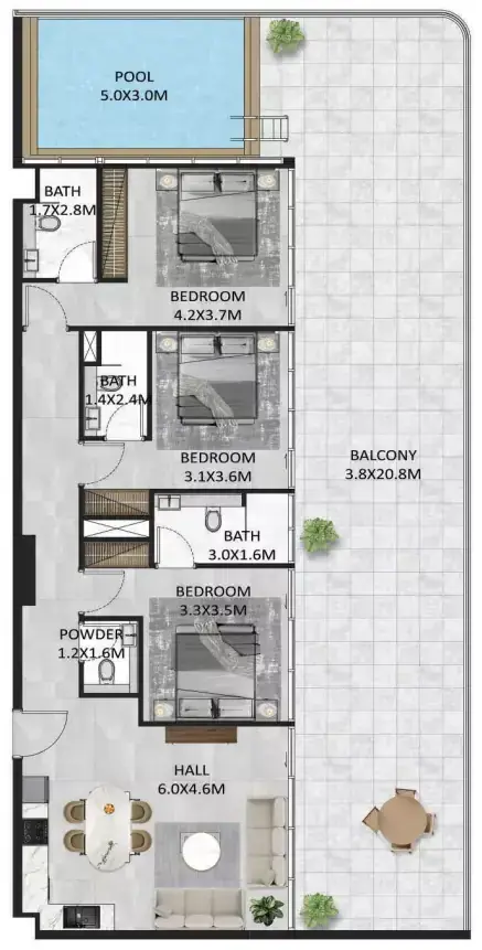 Планировка — 3-спальная, 212 м²