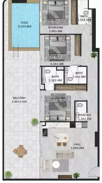 Планировка — 3-спальная, 192 м²