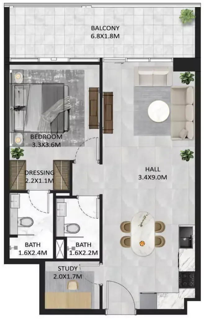 Планировка — 1-спальная, 77 м²