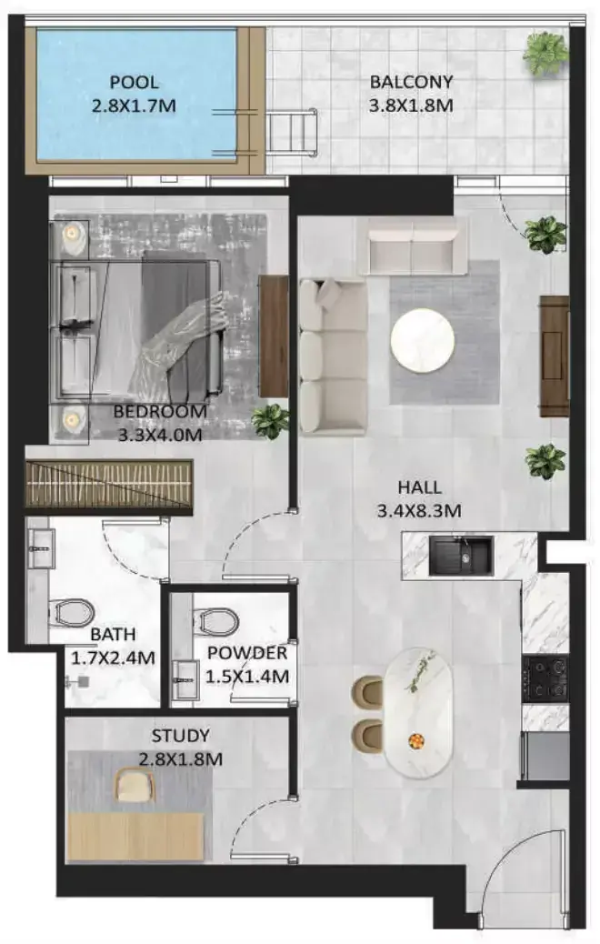 Планировка — 1-спальная, 75 м²