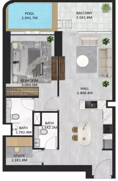 Планировка — 1-спальная, 75 м²